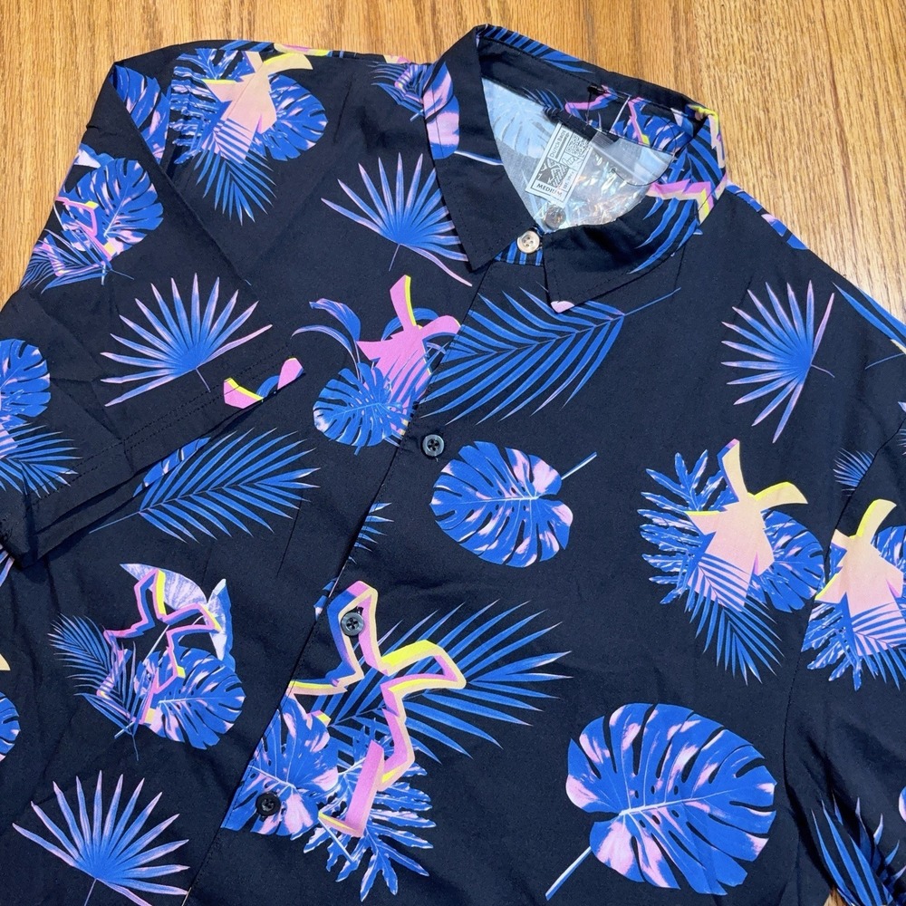 Dutch Bros Hawaiian Shirt Mens Medium Black Floral Coffee Button Up NEW